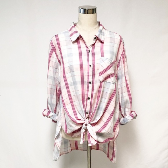 ➕ True Craft Plaid Button Down Tie Front Shirt 2X - Picture 2 of 9